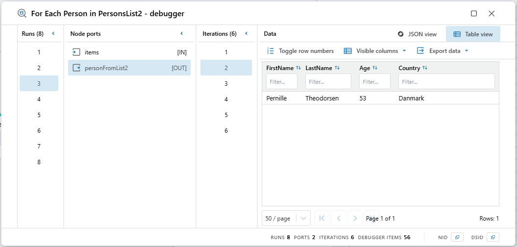 Debugger dialog with runs and iterations