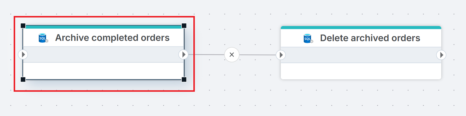 Flow with two Execute Command nodes: Archive completed orders followed by Delete archived orders