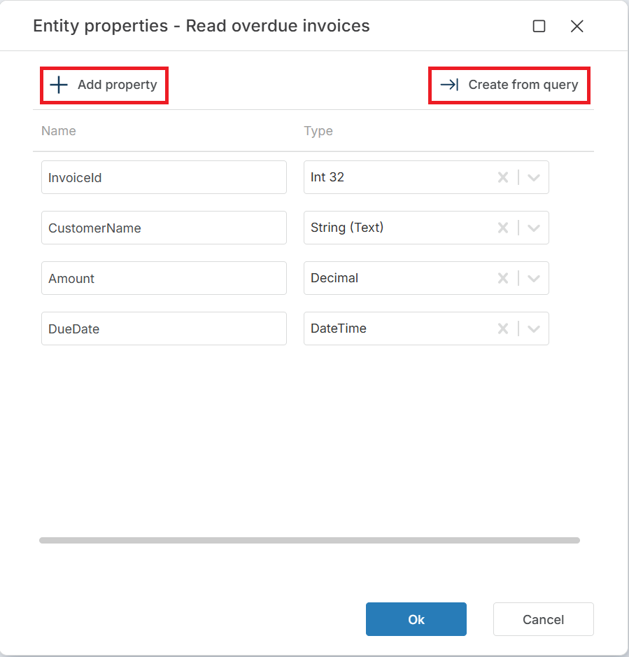 Entity properties editor for Read overdue invoices showing four mapped properties: InvoiceId (Int 32), CustomerName (String (Text)), Amount (Decimal), and DueDate (DateTime), with Add property and Create from query options at the top