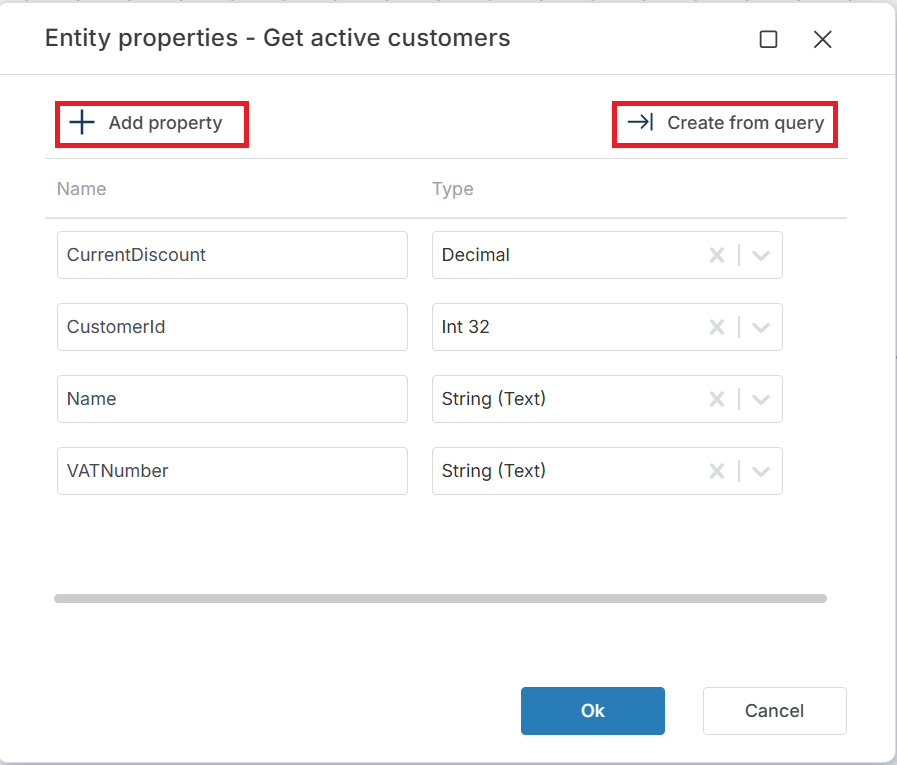 Entity properties editor for Get active customers showing four mapped properties: CurrentDiscount (Decimal), CustomerId (Int 32), Name (String (Text)), and VATNumber (String (Text)), with Add property and Create from query options at the top
