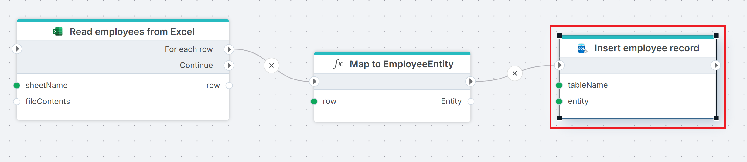 Flow that reads rows from an Excel sheet, maps each row to an entity with a Function action, and inserts the entity into a SQL Server table