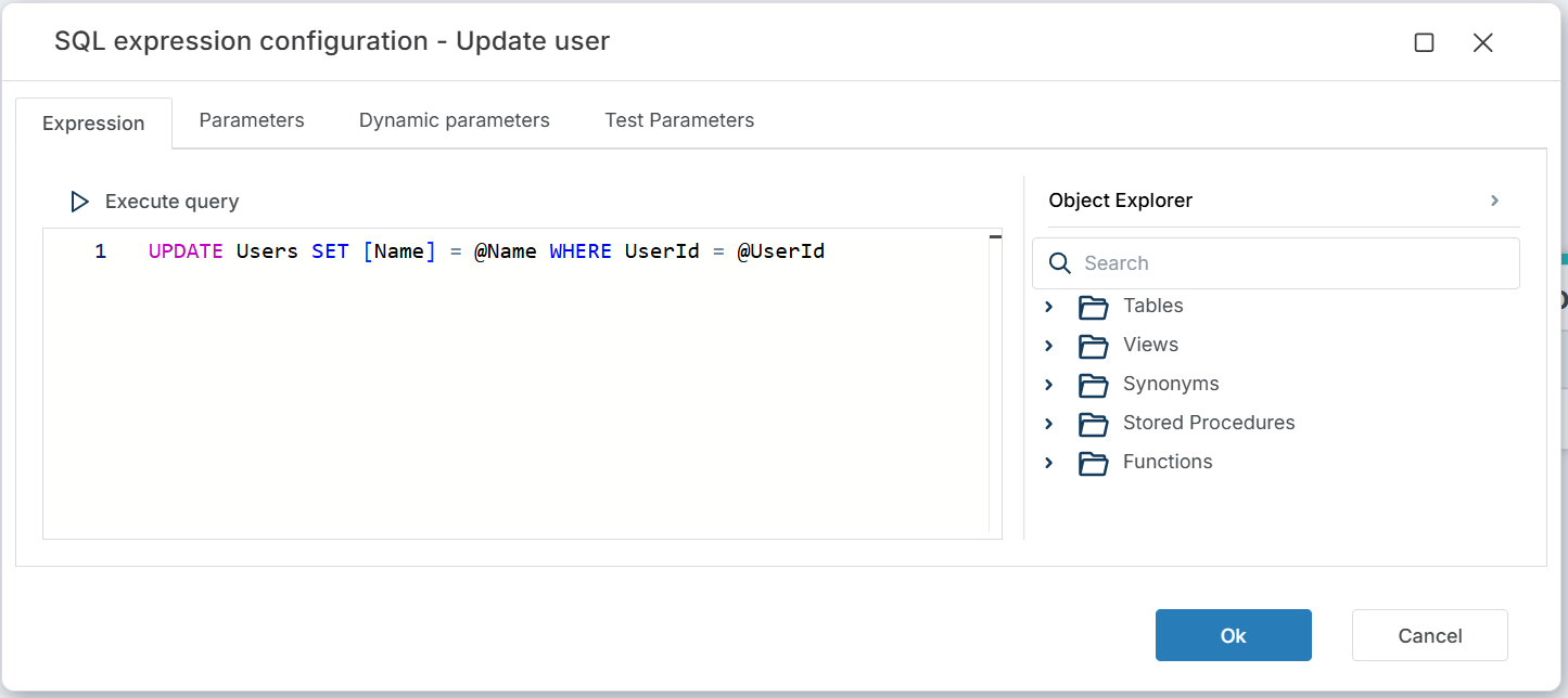 SQL expression editor showing the Expression tab with an UPDATE query using @Name and @UserId parameters, and the Object Explorer panel