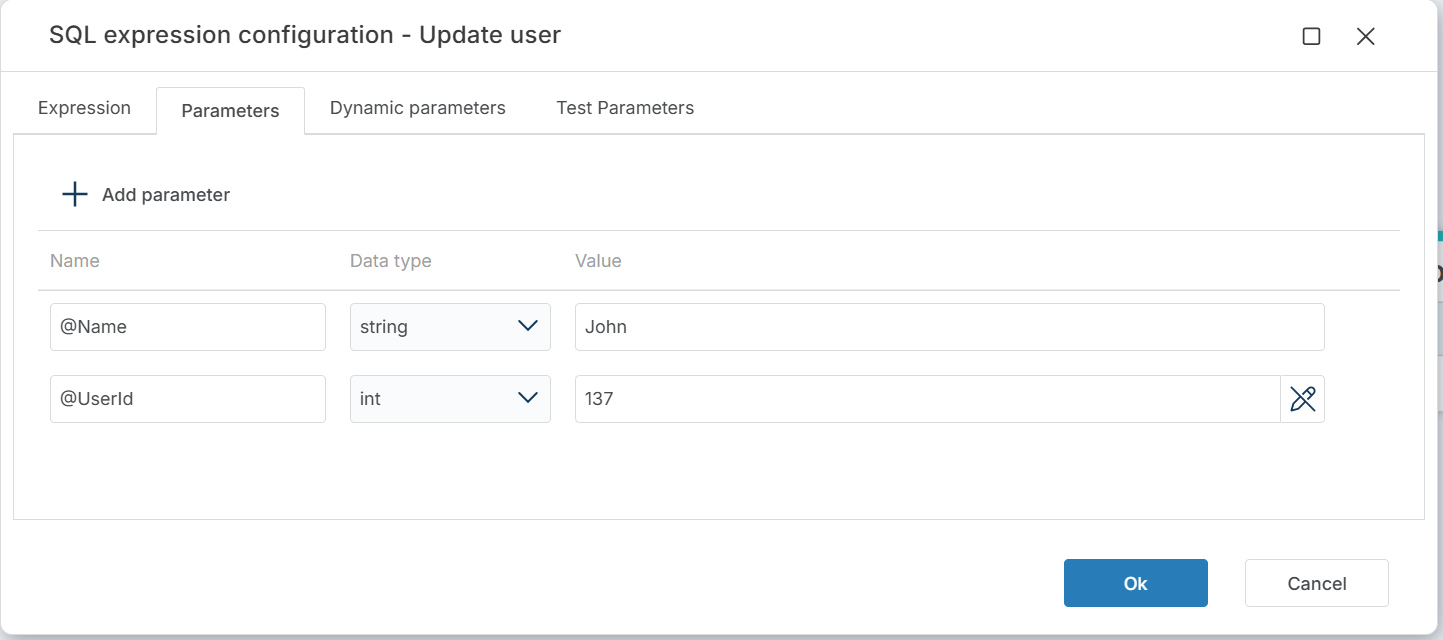 Parameters tab showing @Name (string, John) and @UserId (int, 137) parameters with the Add parameter option at the top